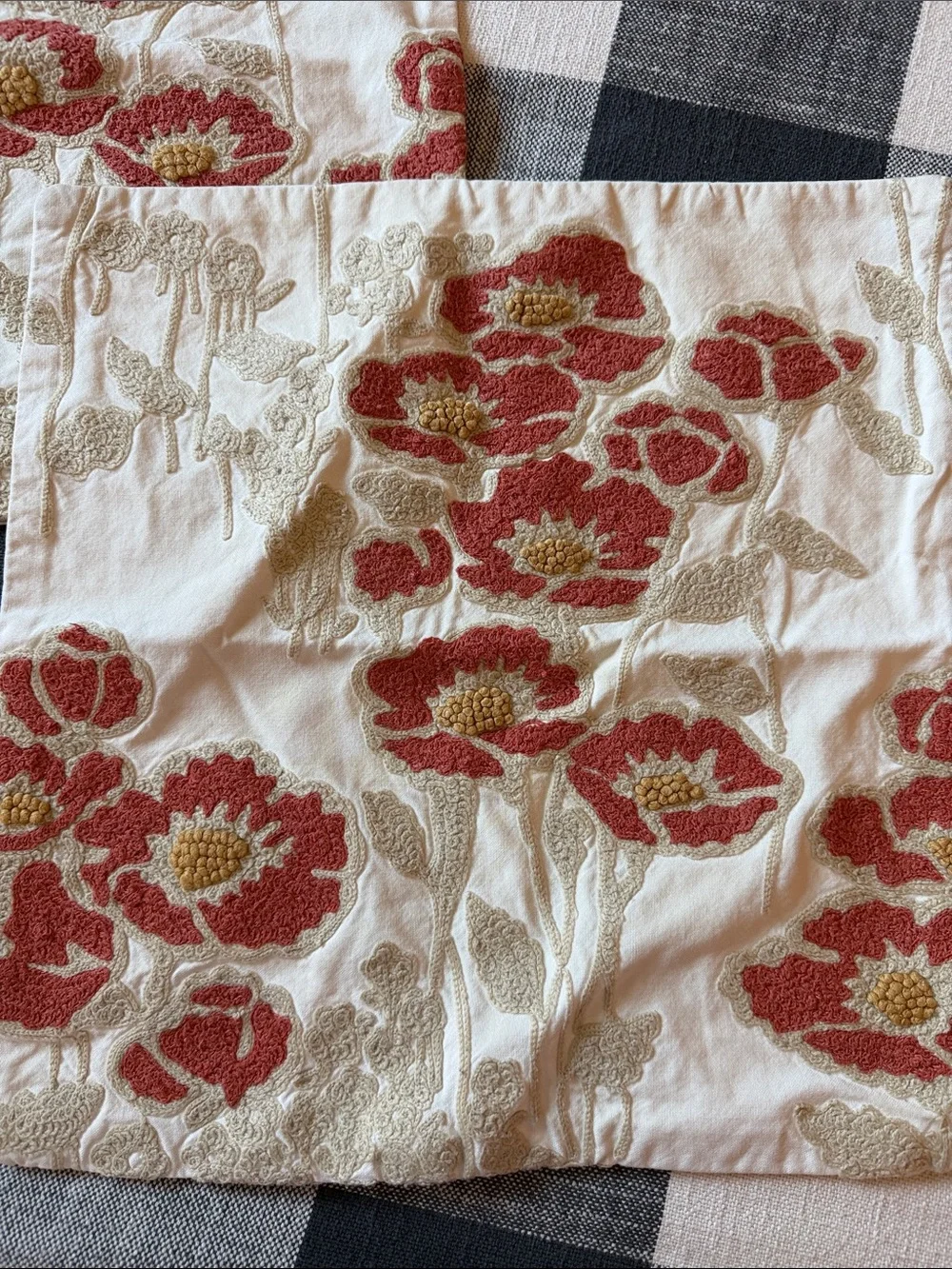 Pottery Barn Red and Cream Embroidered Floral Pillow Covers